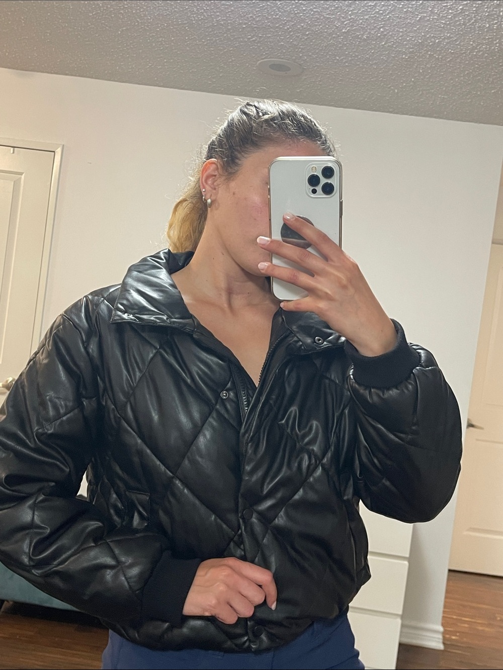 Black Quilted Faux-Leather Puffer Jacket - Women